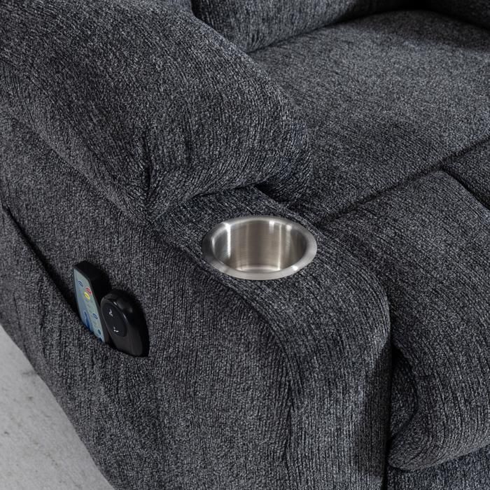 Sillón eléctrico regulable (gris oscuro): función de elevación, masaje, calefacción, reposapiés, 2 bolsillos, portavasos (para personas mayores).