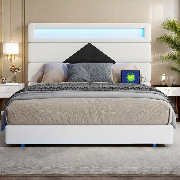 Cama doble de 140x190 cm - Beige - Iluminación LED - Cabecero ajustable - USB integrado