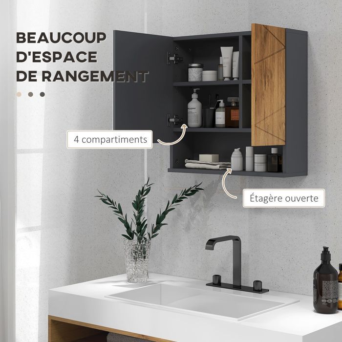 Armoire murale - kleankin - miroir salle de bain rangement 2 portes étagères réglables - bois - 55x17x55cm - naturel gris