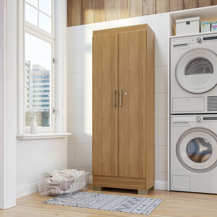 Multifunctional Oak Cabinet with 2 Doors and 5 Shelves, W 63 cm x H 180 cm x D 35 cm - W 63 cm x D 35 cm x H 180 cm
