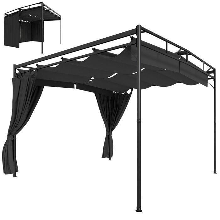 Pérgola de jardín - cenador de patio - Outsunny - techo retráctil, cortinas, sistema de poleas - metal - 3x3m - gris antracita