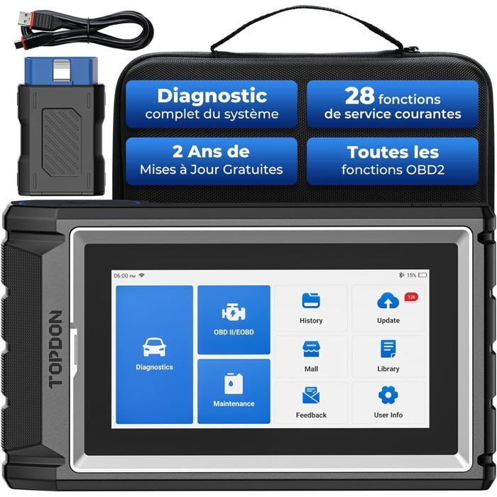 TOPDON ArtiDiag800BT 2.0 Outil de Diagnostic Auto pour Tout les Systèmes Valise Diagnostic Auto OBD2 Bluetooth avec 28 Fonctions