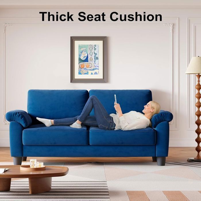 Canapé 2 Places en Velours Bleu pour Salon,Petits Espaces,Chambre,Contemporain , Fauteuil  Scandinave avec 2 coussins,178x76x87cm