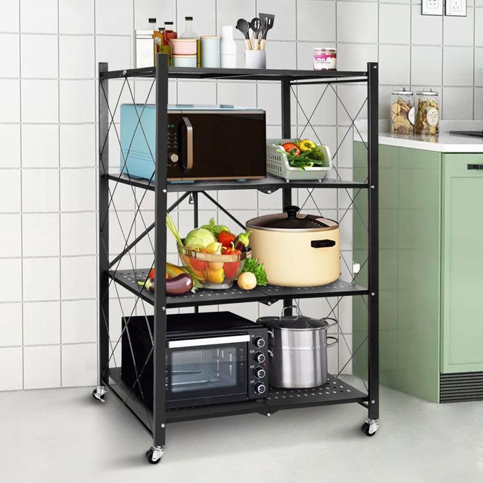 Folding storage unit - 4 shelves - Black metal - 4 lockable casters - 272 kg capacity