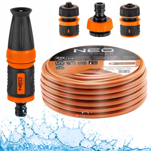 NEO Wąż Ogrodowy Mocny 20m 1/2”   Zraszacz   Złączki