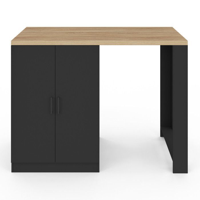 Isla central IDMARKET LINO de 120 cm para 2 personas, madera negra con encimera efecto haya y puertas de cristal.