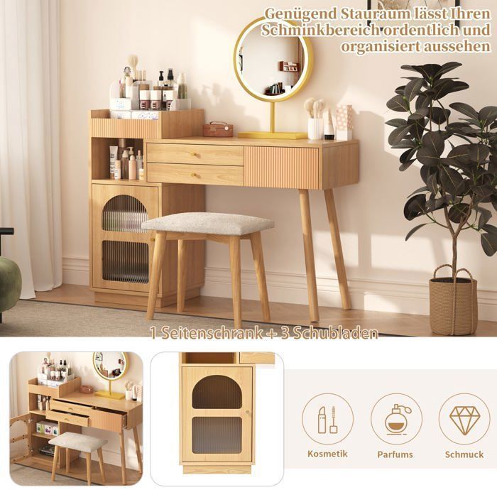 MEUBLES COSY Coiffeuse moderne avec miroir LED à 3 lumières, grand espace de rangement et armoire latérale en verre, 120x40x90 cm