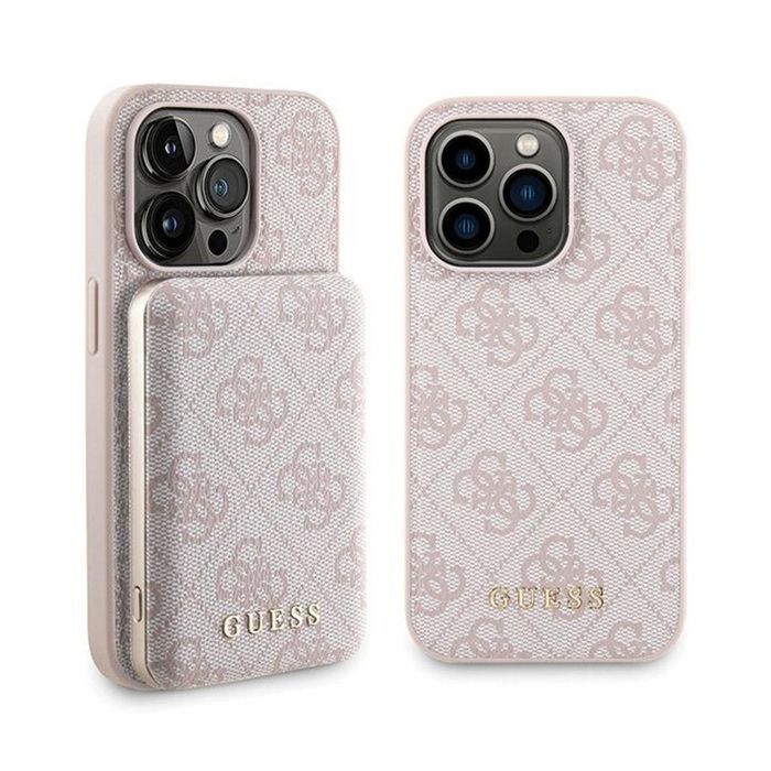 Guess Bundle Pack MagSafe 4G Metal Gold Logo - Custodia Ensemble + Power Bank 5000mAh MagSafe per iPhone 14 Pro (rosa)