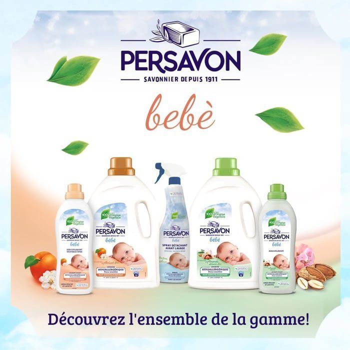 Lessive Bébé,à l'Extrait d'Abricot BIO,Hypoallergénique,Peaux Sensibles,Sans Colorant 2000ml(2pcs)