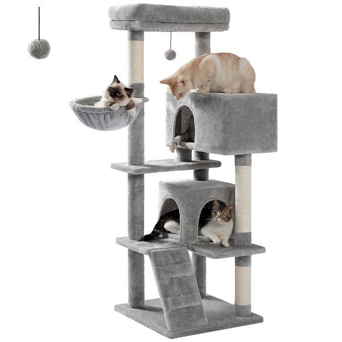 Árvore para Gatos PAWZ Road XL com Almofada Removível, Poste para Arranhar, Condomínio Duplo Grande para Gatos Grandes, 143cm Cinza