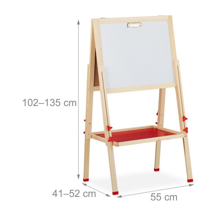 Relaxdays Tableau droit enfant; blanc et pour craie, réglable en hauteur, chevalet en bois, 102-135 x 55 x 52 cm, nature