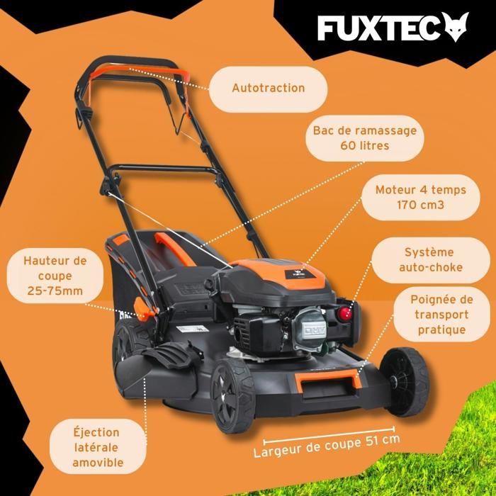 FUXTEC FX-RM5170 Self-Propelled Petrol Lawnmower – 51 cm Cutting Width – 170 cc Engine – 60 L Grass Collector – Easy Clean