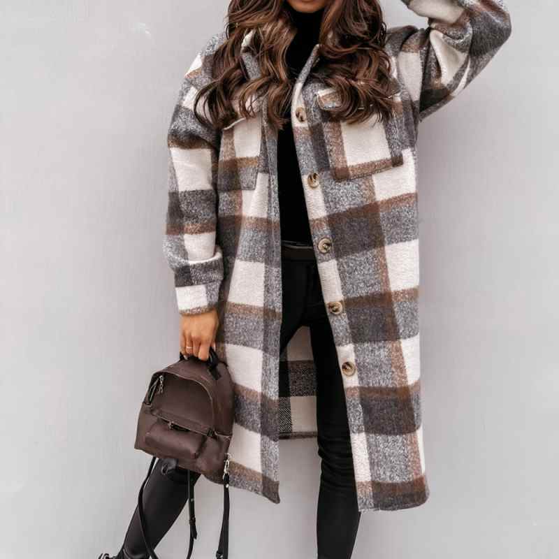 Giacca invernale da donna a quadri 2021, cappotto lungo sottile a quadri, oversize, giacca stile retrò streetwear da donna.