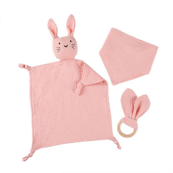 Conjunto de 3 sets de regalo para bebé niña y niño: juguete de peluche 100% algodón suave, babero y kit de anillo de regalo en color rosa.