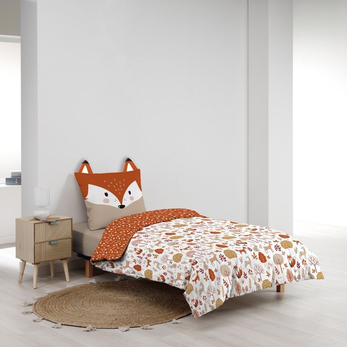Copripiumino per bambini 140 x 200 cm + 1 federa – ROXY – 42 fili – Reversibile con federa con testa di volpe