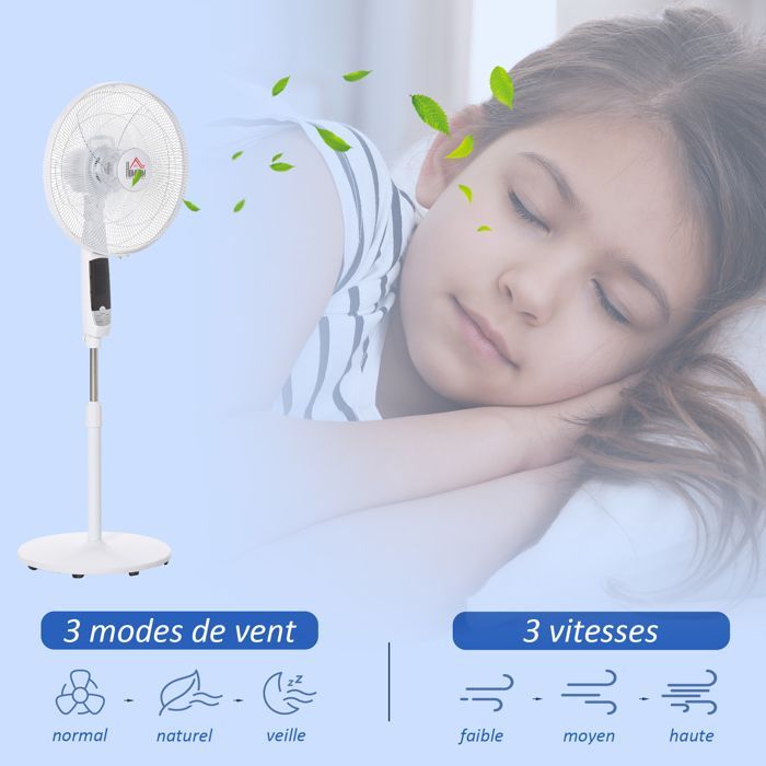 Ventilador de pedestal potente - HOMCOM - altura regulable - mando a distancia, 3 velocidades, oscilación y temporizador - Blanco