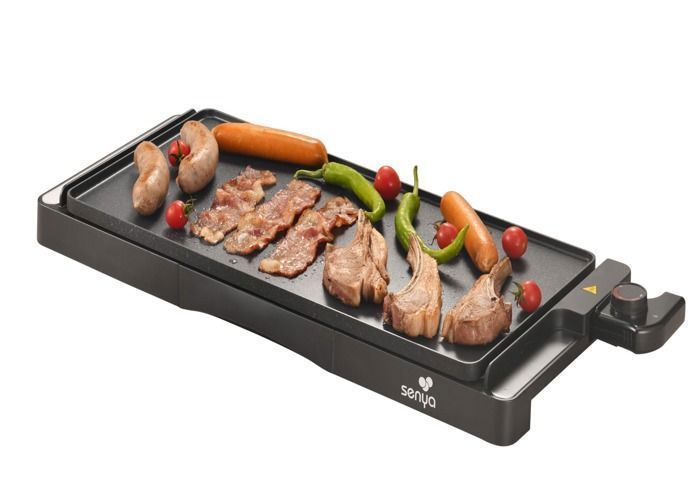 Plancha eléctrica SENYA para 8 personas - Placa de piedra antiadherente, 2200 W, termostato ajustable, apta para lavavajillas.