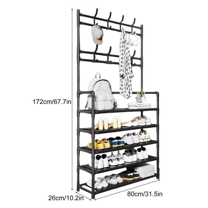 Coat Rack - FLASIDU - Black Model - 8 Hooks - 5 Shoe Shelves - 80x26x172cm