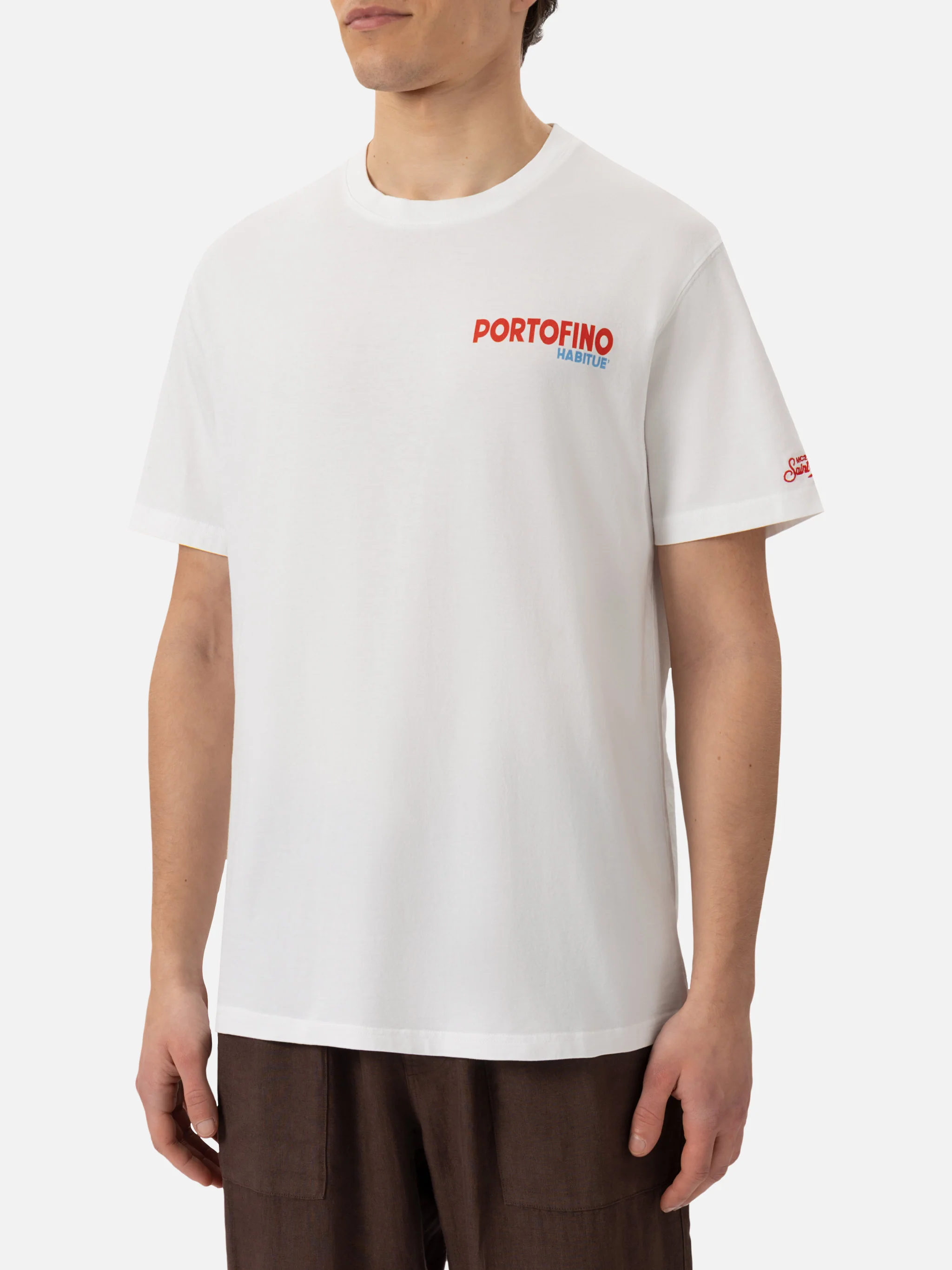 Heren katoenen T-shirt met print van een ansichtkaart van Portofino
