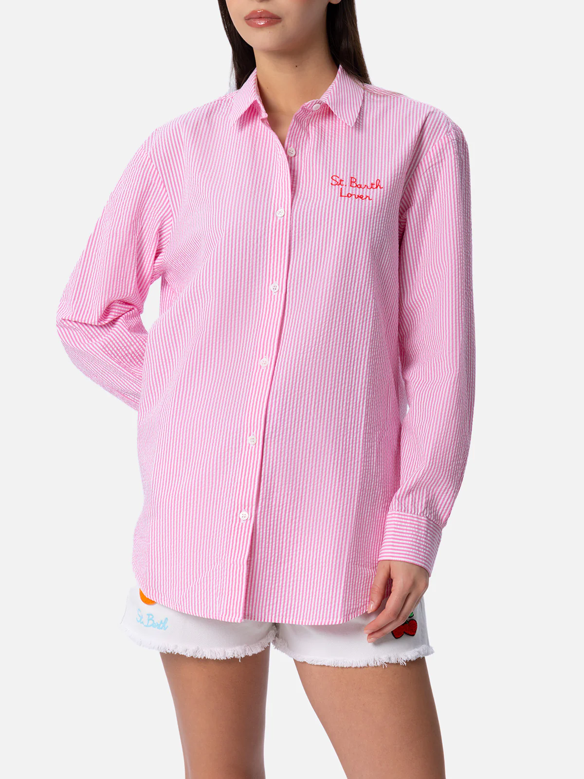 Woman Pink Striped Print Cotton Overshirt Brigitte | SNOOPY PEANUTS SPECIAL EDITION | Oversized | Mother-Of-Pearl Button-Down Collar | Logo Embroidery