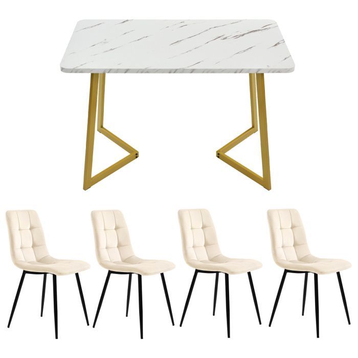 Dining table with 4 chairs, modern kitchen/living room table and chair set, beige velvet chairs, gold table legs