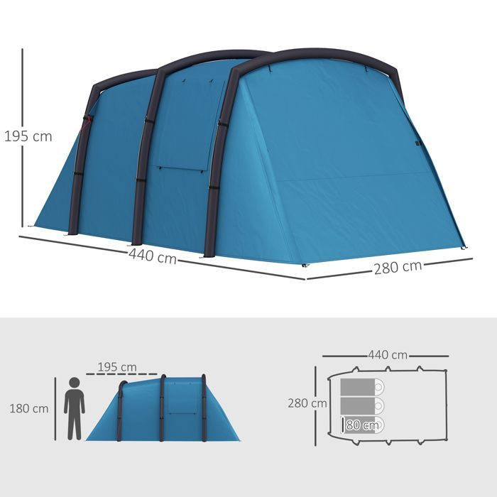 Inflatable Camping Tent - Outsunny - Tunnel - 3-6 Person - Bedroom, Living Room, Porch - 420 x 200 x 150 cm - Blue