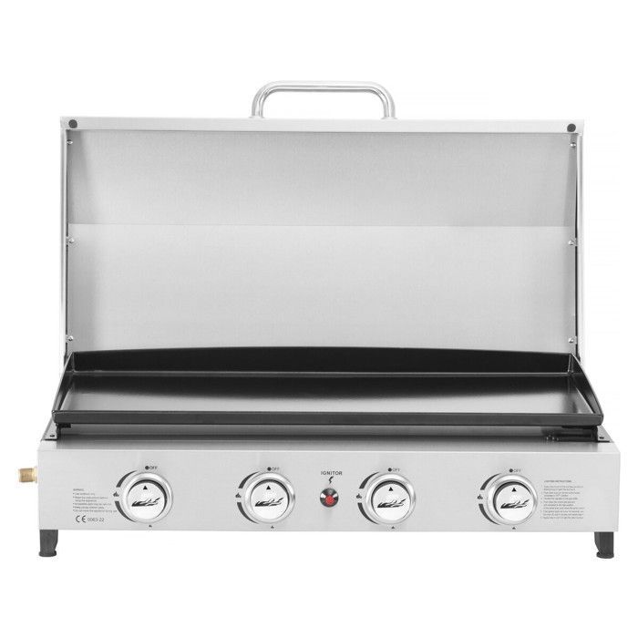 Plancha à gaz en inox avec 4 bruleurs et couvercle 