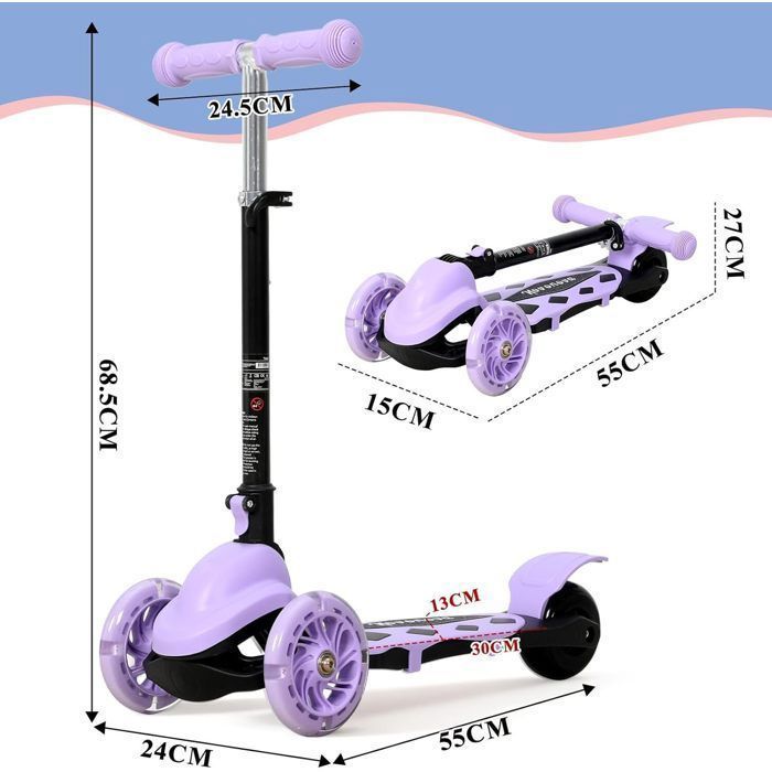 Trottinette Pliable avec 3 Roues Lumineuse LED pour Enfant 2 à 5 Ans Guidon Réglable en Hauteur 3 Niveaux Violet