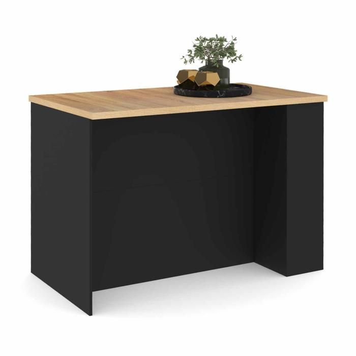 IDMARKET Ilot central TIBO 120 cm bois noir avec plan de travail façon hêtre