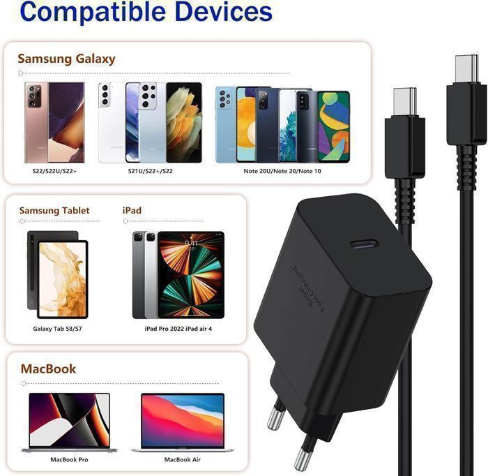 Caricabatterie rapido USB C da 45 W, cavo Type C compatibile con Samsung Galaxy S24 ULTRA/S23/S2 Plus/S21 FE 5G/Note 20 ecc. (cavo da 2 m)