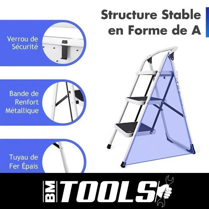 Scala a 3 gradini BM TOOLS BMT-ESC3-ACC, altezza di lavoro 69 cm, facile da riporre, gradini antiscivolo, robusta e durevole.