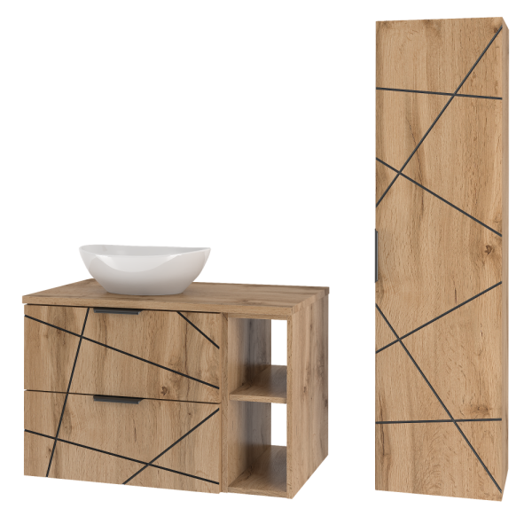 Zestaw Łazienkowy 80cm Szafka z Blatem Regał Umywalka Słupek Dąb Wotan Wood