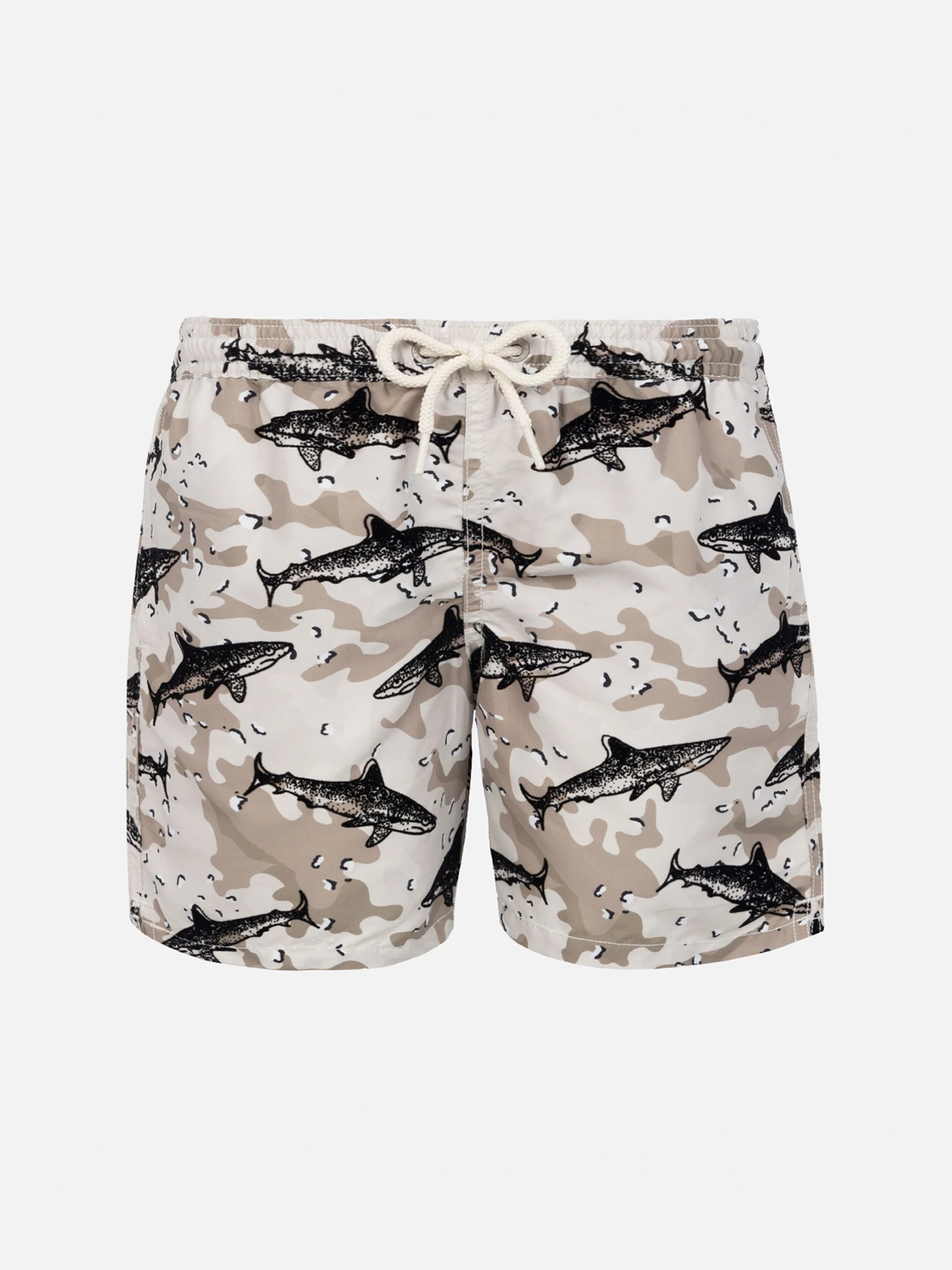 Traje de baño para niño con tejido flocado y estampado de tiburón.