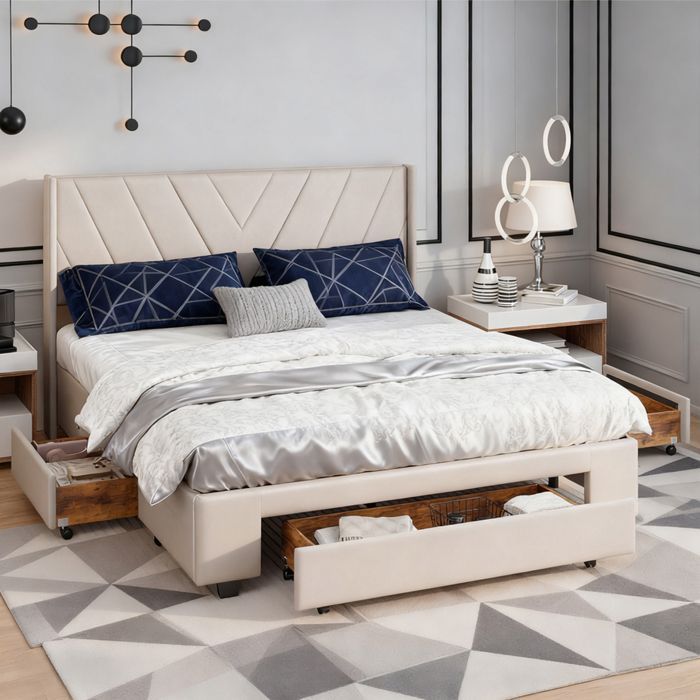 Cama de 140x190 cm, estampado de líneas, estilo minimalista moderno, cama para adultos, estructura de cama doble de 140x190 cm, lino, beige