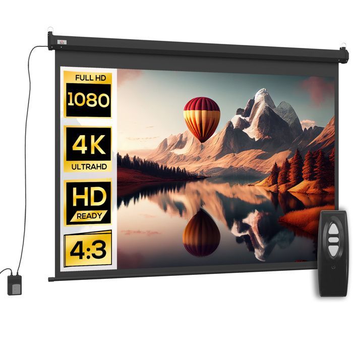 Pantalla de proyección HOMCOM de 84 pulgadas, formato 4:3, resolución 4K HD, motorizada y eléctrica, con panel de control y mando a distancia, color negro.