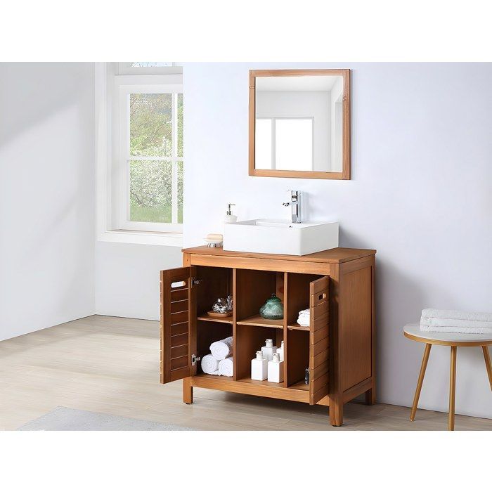 Mueble de baño de madera de acacia con lavabo individual y espejo - 90 cm - PULUKAN