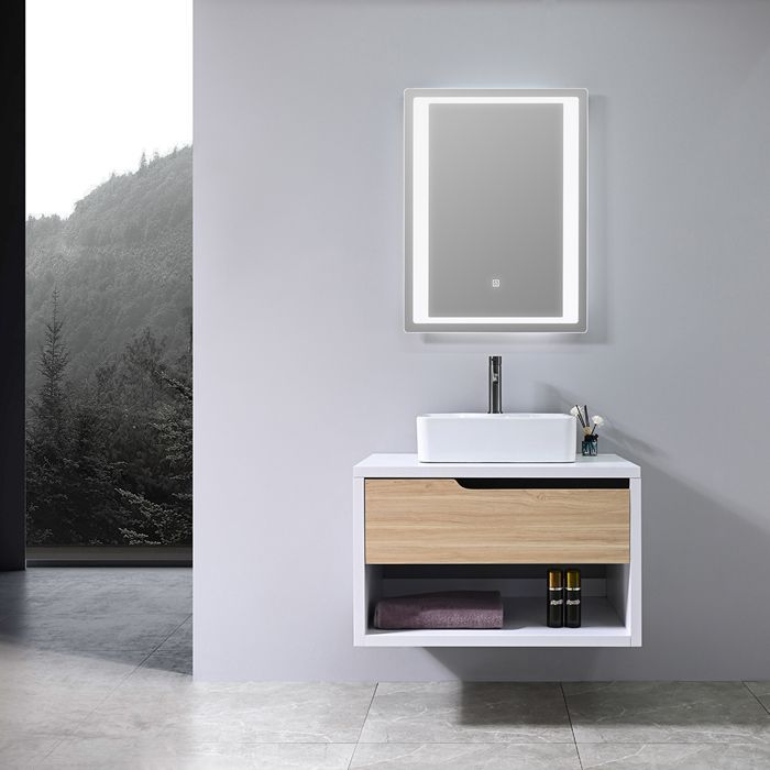 Meuble de salle de bain simple vasque 80cm bois et blanc avec miroir LED LB-8153-80 LuxuryBain-
