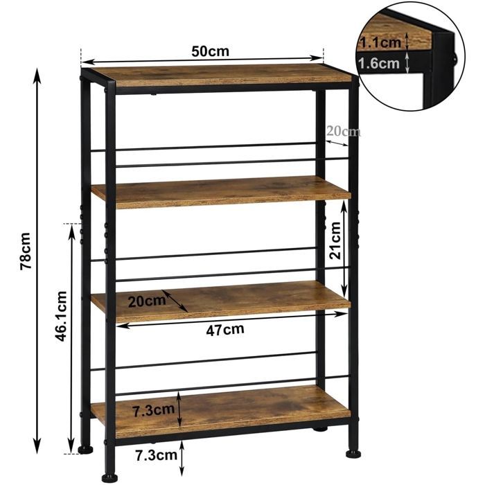 Estantería de almacenamiento WOLTU, estrecha, de 4 niveles, para cocina y sala de estar, de MDF con estructura metálica, color marrón rústico y negro.