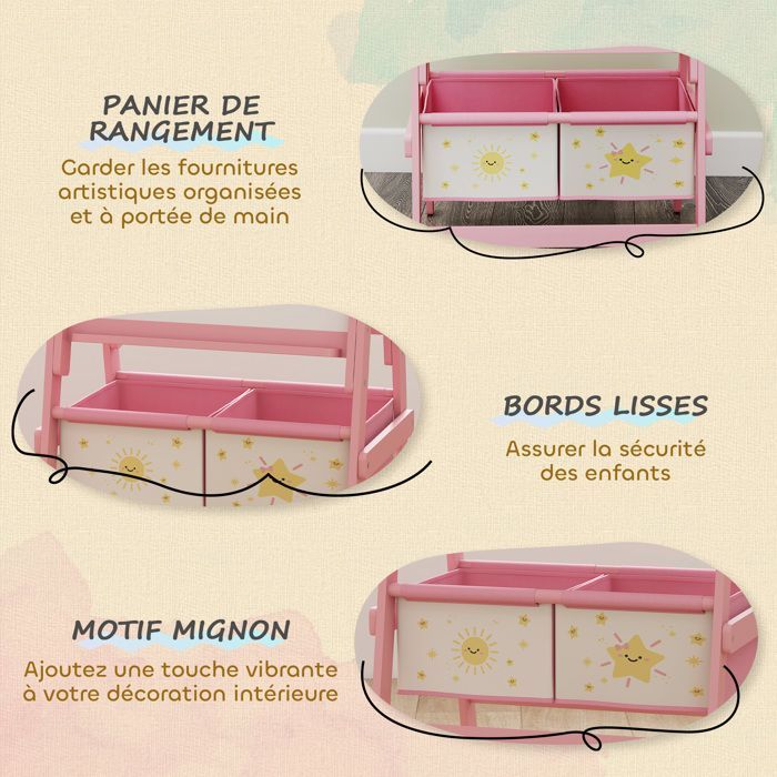 Caballete infantil 3 en 1 - AIYAPLAY - Doble cara - Pizarra blanca y negra - Rollo de papel - 2 cestas de almacenamiento - Edades de 3 a 8 años - Rosa