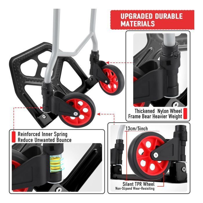 Carretilla plegable de aluminio, capacidad de 120 kg, carretilla de mano portátil con altura ajustable y ruedas de goma.