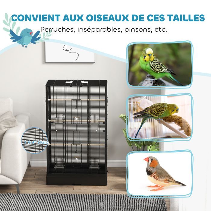 Cage à oiseaux volière avec portes perchoirs cage pour canaris perruches perroquets 61 x 36,5 x 98 cm noir