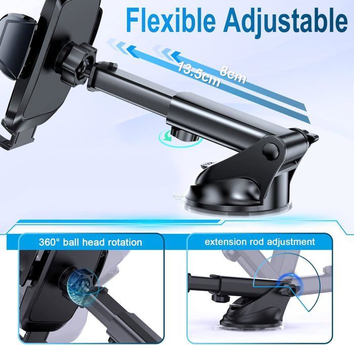 Support Telephone Voiture,Universel Tableau de Bord Porte Telephone Voiture,Rotation 360°Réglable Support avec Super Ventouse(Noir)