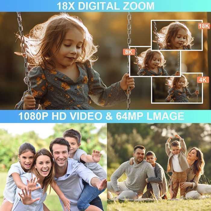 Cámara digital 4K, cámara compacta portátil de 64 MP, tarjeta SD de 32 GB, pantalla LCD de 2,4
