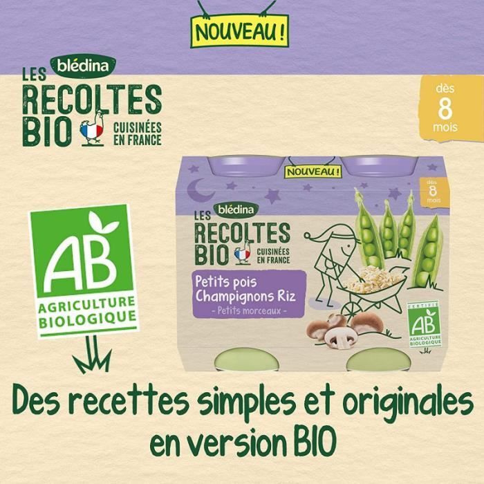 Baby Food Jars with Peas, Mushrooms, and Rice - BLEDINA - Organic Harvests - Smooth Texture - From 8 months