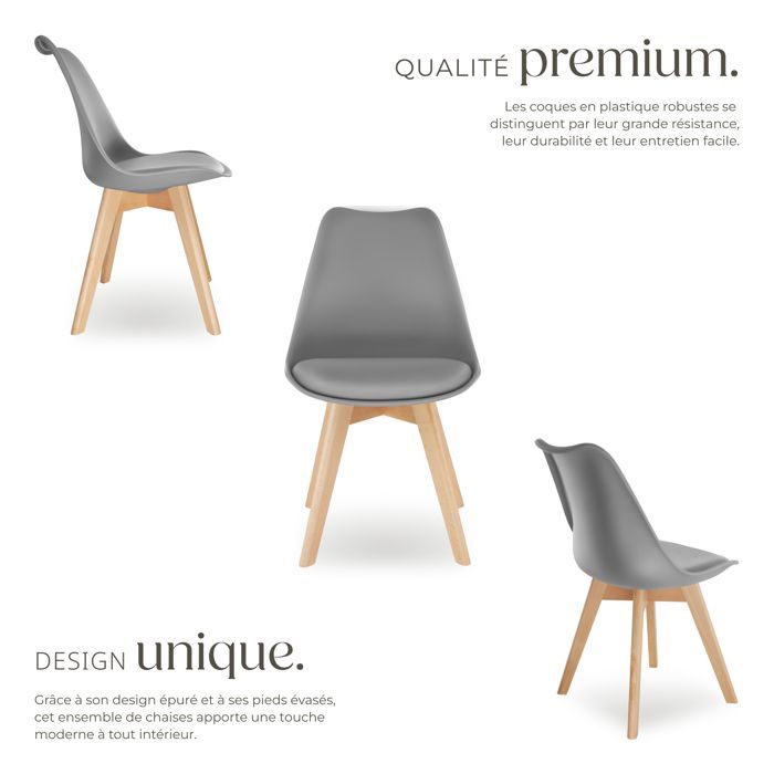 Chaises de salle à manger - TECTAKE - Lot de 6 fauteuils repas FRÉDÉRIQUE style scandinave forme ergonomique - Gris