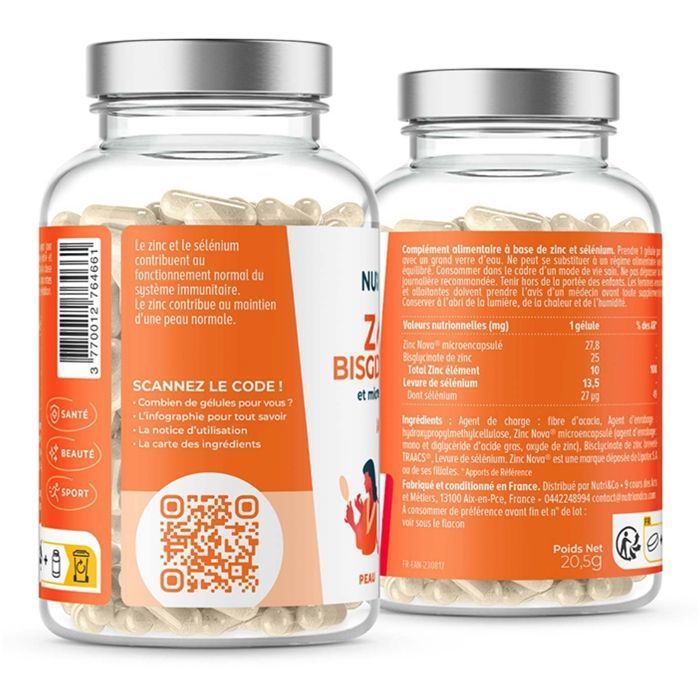Zinc Bisglycinate et liposomé + Sélénium Bio-Actif - Immunité Peau Cheveux & Fertilité - Haute Absorption - 60 gélules - Nutri&Co