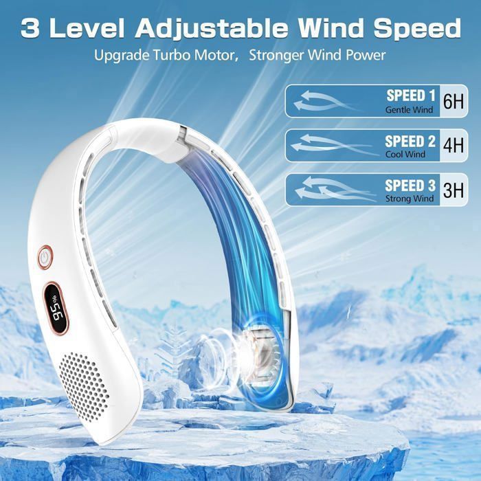 Portable Neck Fan, 3000mAh USB Rechargeable, 3 Speeds and LED Display, for Office, Home, Travel, Outdoors (White)