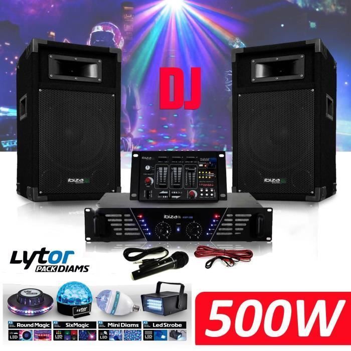 DJ-300 Complete Sound System Package with Speakers, Mixer, 480W Amplifier + 4-Pack DIAMS LytOr Lighting Effects