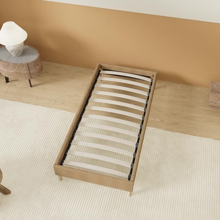 Cama com estrado de ripas 90 x 190 cm - Estofada em tecido marrom - Estável e resistente - Pés centrais reforçados