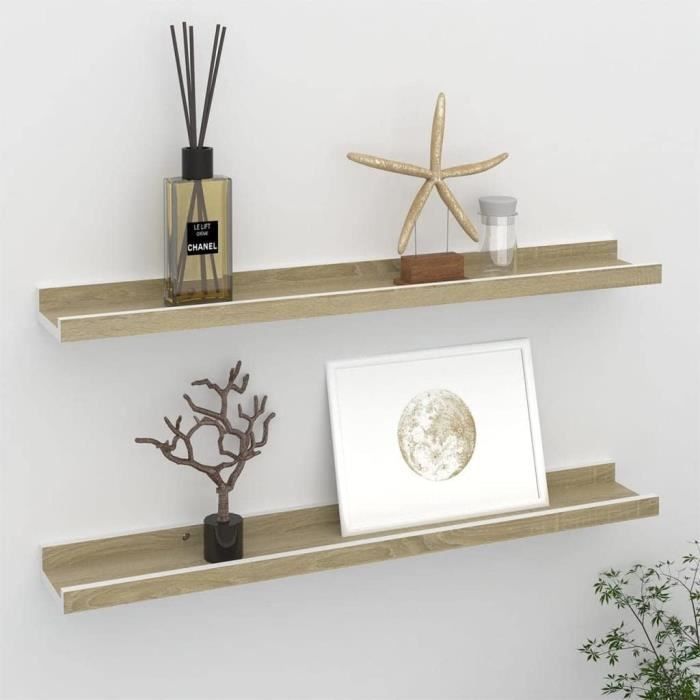 Estantes de pared de 2 piezas, blanco y roble Sonoma, 60x9x3 cm, MDF, fácil de limpiar, estantes colgantes, estantes de pared decorativos [H4336]